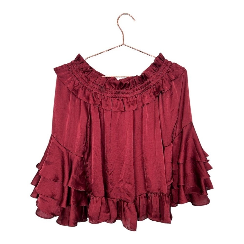 MISA Off Shoulder Tiered Ruffled Blouse Burgundy